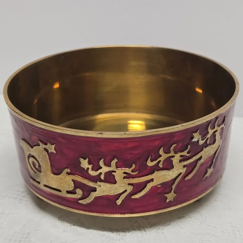 Vintage Santa's Reindeers Sleigh Christmas Brass Footed Bowl Wine Bottle Holder